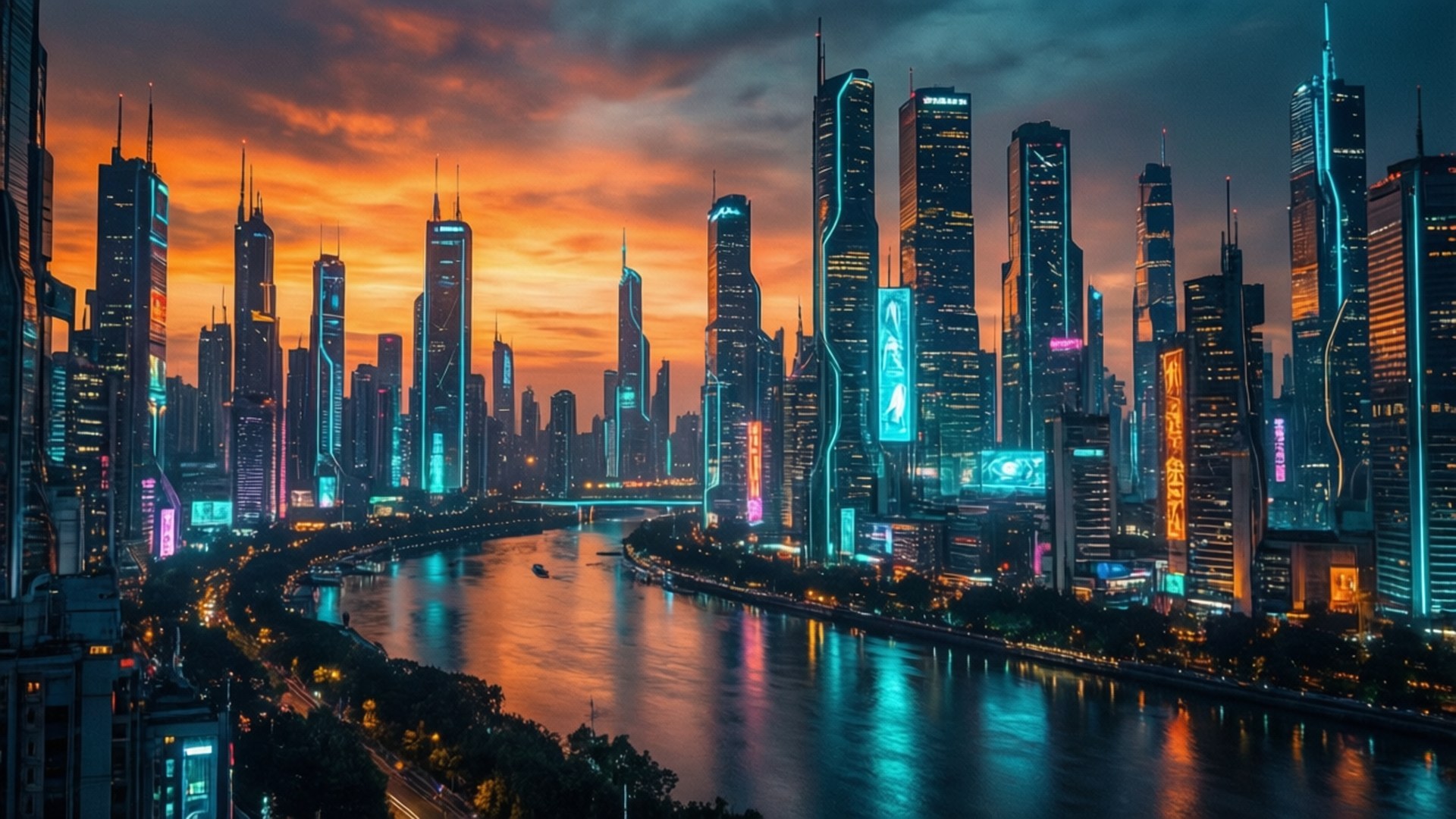 Thành phố Neon lúc hoàng hôn Hình nền