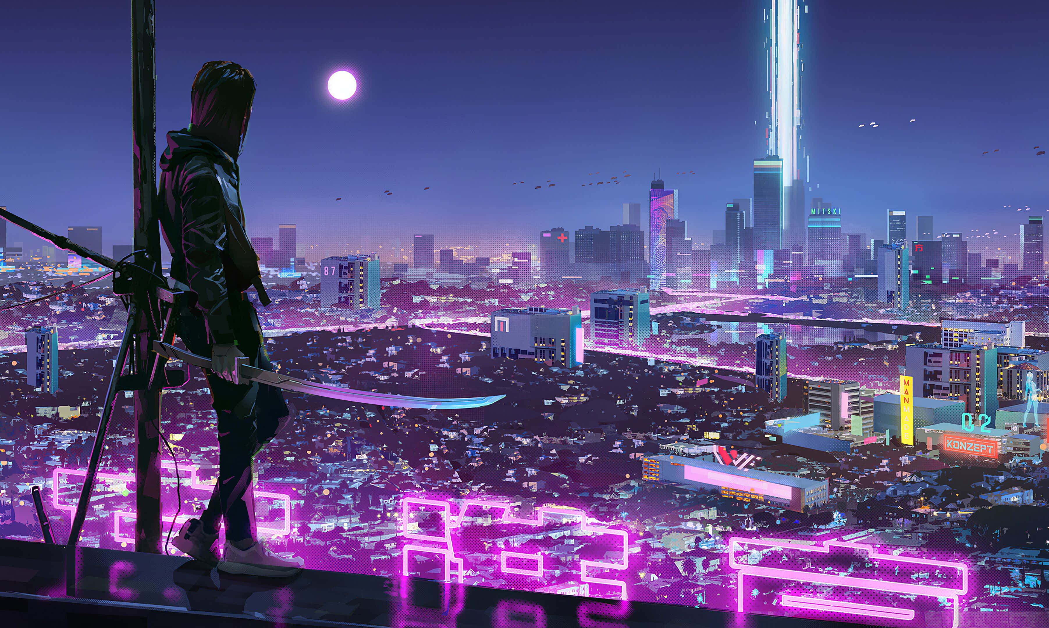 “Thành phố Neon rực rỡ ánh đèn” Hình nền
