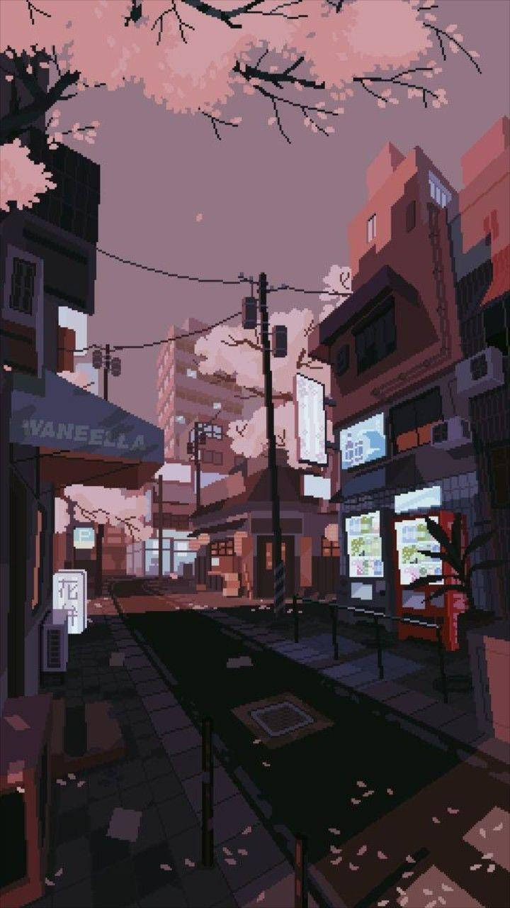 Thành phố thẩm mỹ hồng và nâu theo phong cách pixel Hình nền