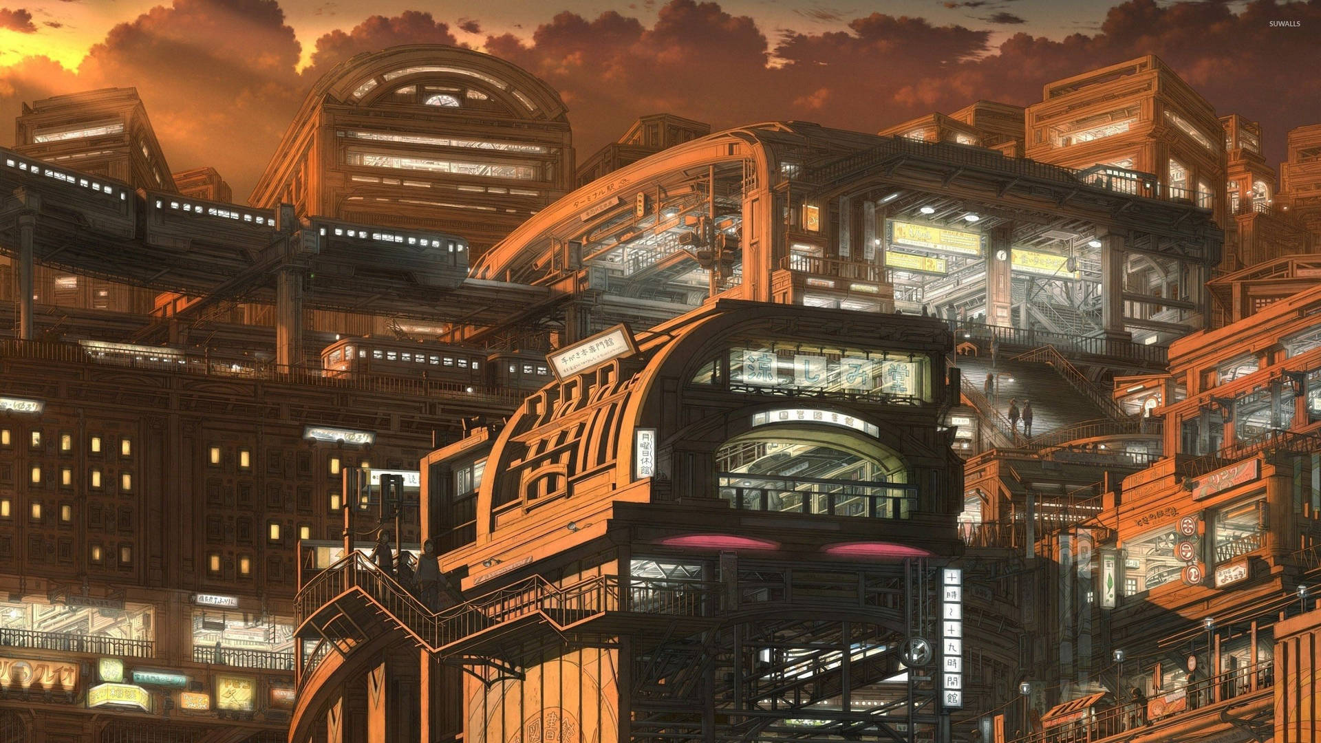 Hình nền thành phố anime tương lai châu Á với các tòa nhà thương mại.