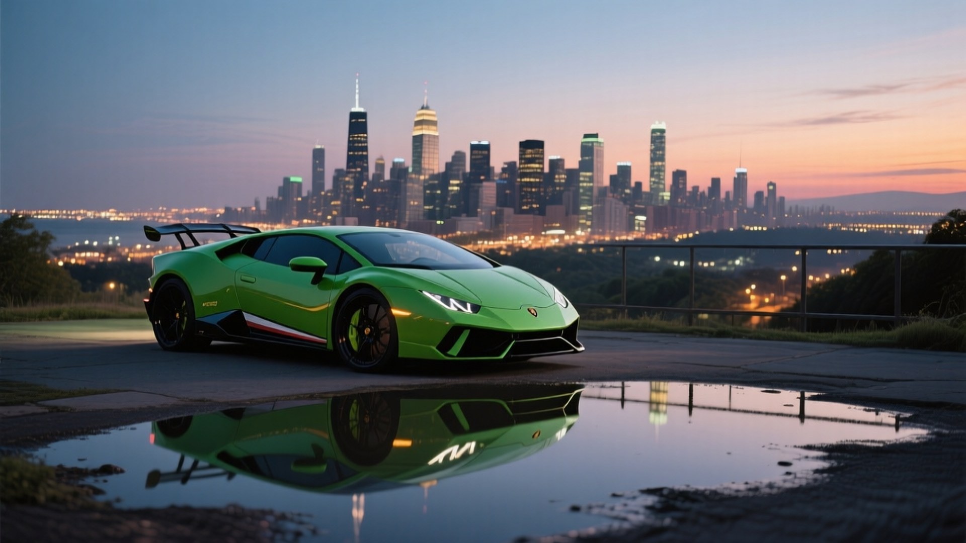 Lamborghini Huracán màu xanh nhìn xuống thành phố lúc hoàng hôn