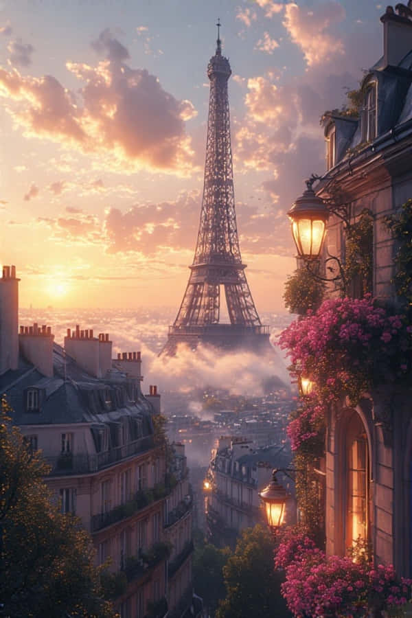 Tháp Eiffel Lúc Bình Minh Từ Mái Nhà Paris 4K Hình nền