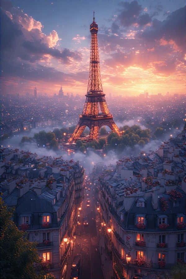 Tháp Eiffel lúc bình minh từ mái nhà Paris 4K Hình nền