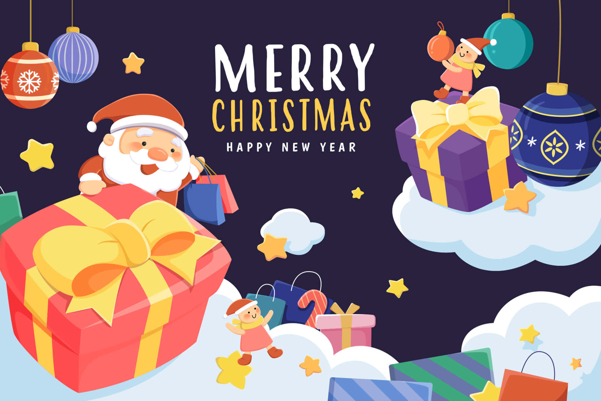 Thiệp chúc mừng Giáng sinh với chú lùn, ông già Noel và quà tặng Hình nền