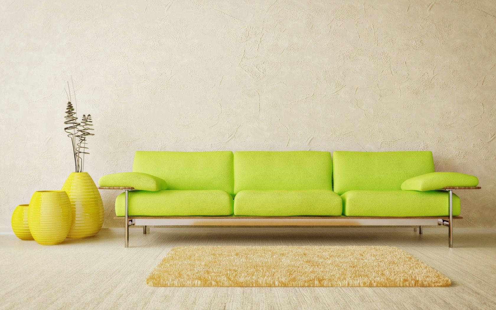 Hình nền thiết kế nội thất tối giản với ghế sofa xanh lá cây nhạt và bình hoa màu vàng trong phòng