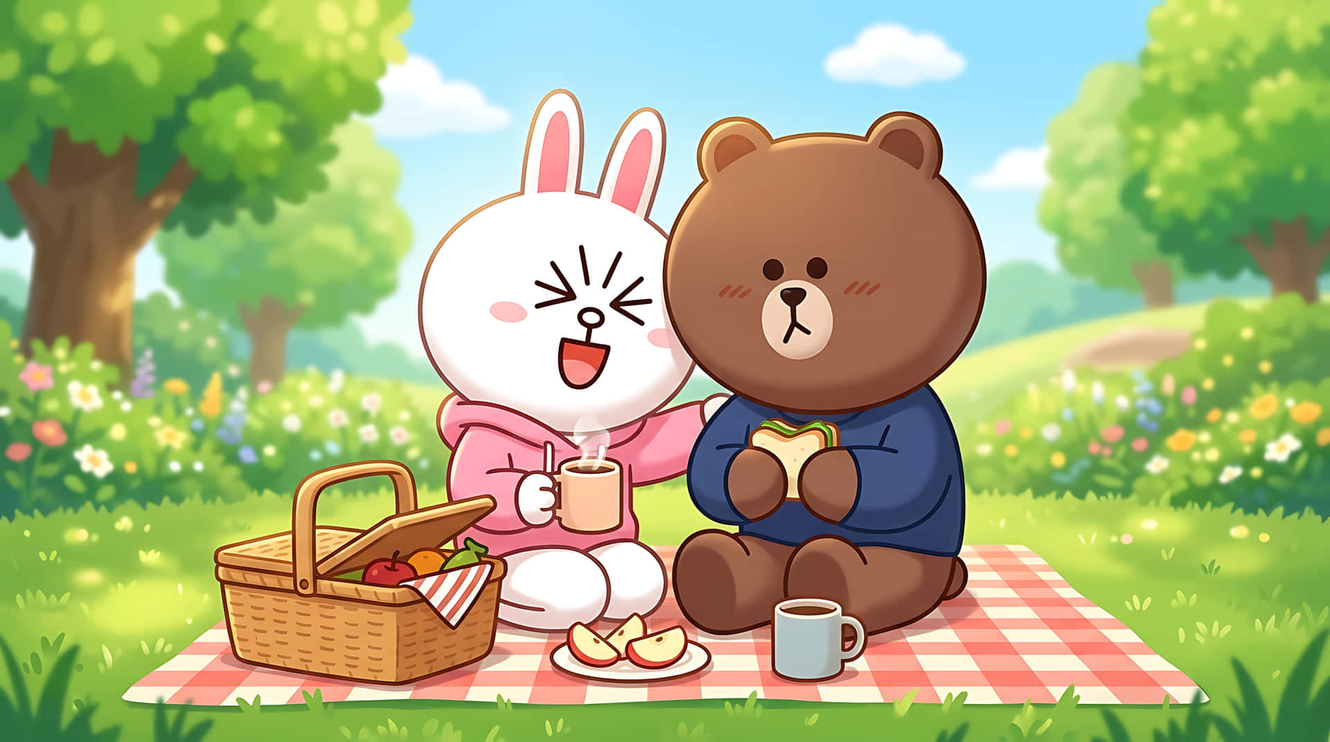 thỏ,gấu,thỏ con,dã ngoại,công viên,ngoài trời,thiên nhiên,mùa hè,tình bạn,dễ thương,kawaii,minh họa,hoạt hình,phong cách sống,thư giãn,đồ ăn,bánh sandwich,cà phê,mùa xuân,nắng