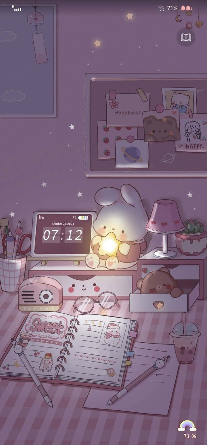 Thỏ Kawaii Dễ Thương Trên Bàn Học Màu Tím Hình nền