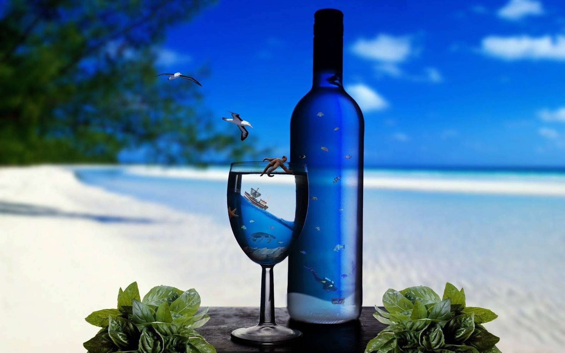 Thưởng thức đồ uống lạnh trên bãi biển Hình nền