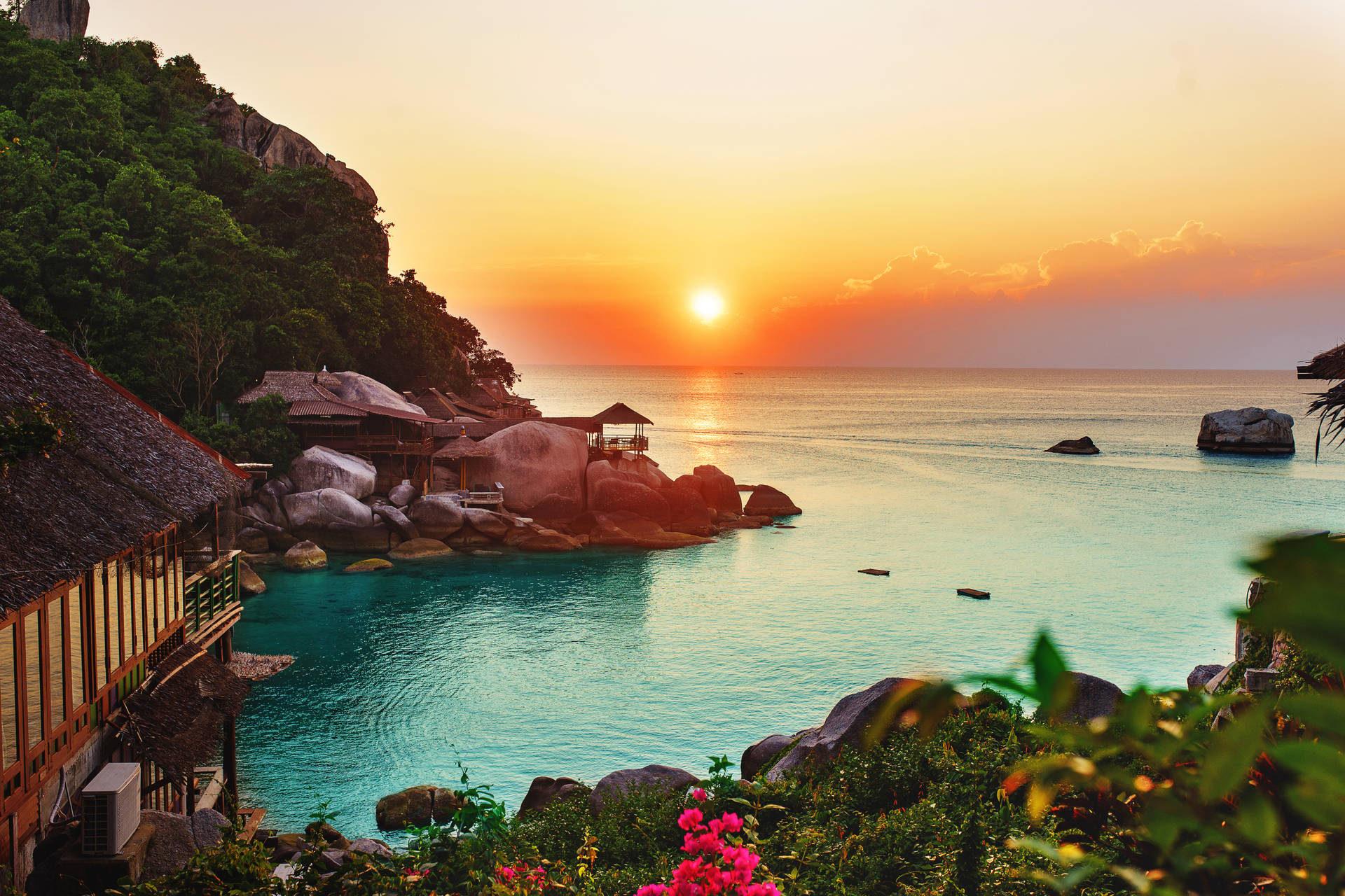 Chân trời đại dương lúc hoàng hôn, cây cối và bãi biển với làn nước trong vắt.