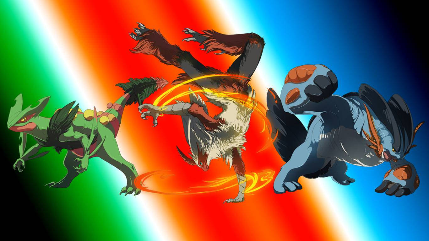 Các nhân vật Pokemon Bulbasaur, Charmander và Squirtle tiến hóa.