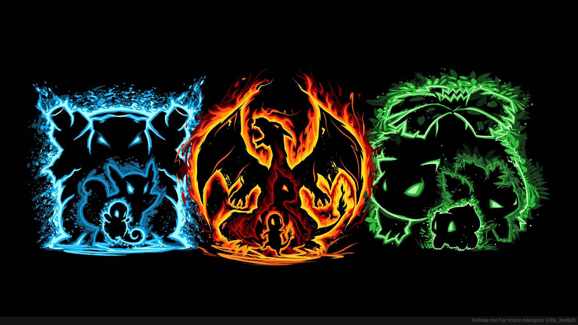 Pokemon Squirtle, Charmander và Bulbasaur phát sáng trong bóng tối.