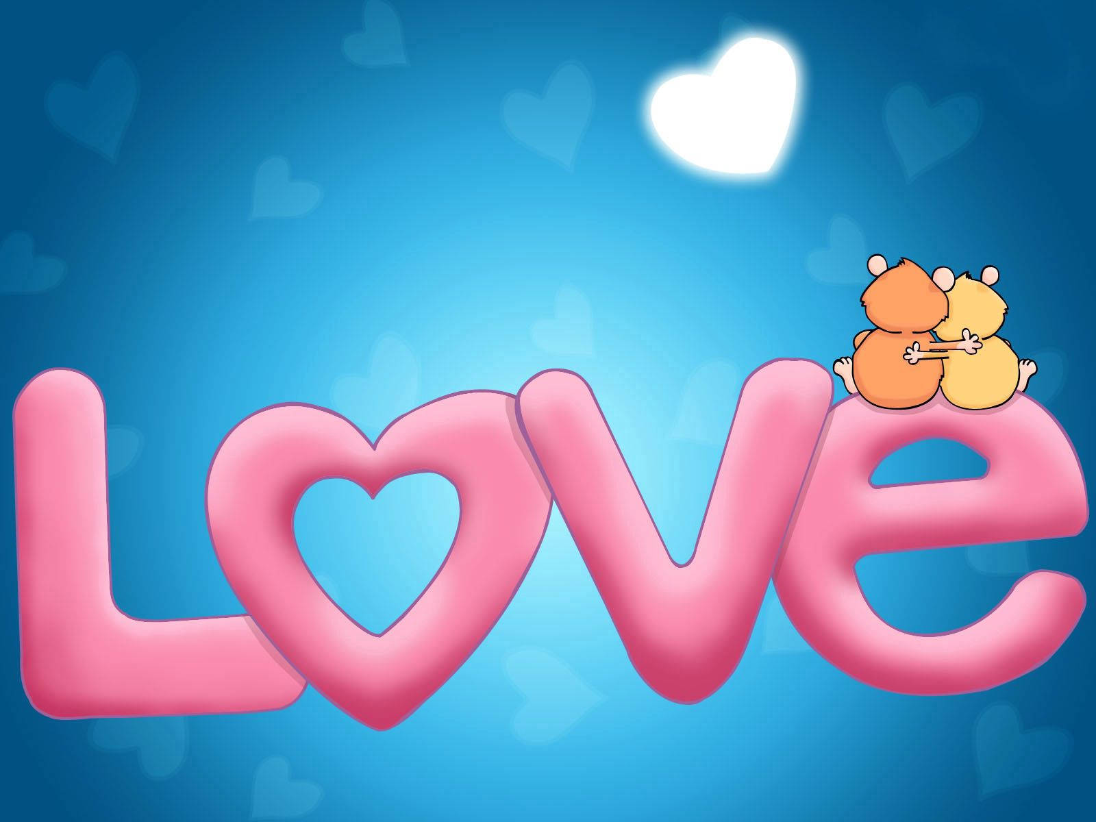 Dòng chữ "love" màu hồng với cặp mèo hoạt hình ngồi trên ôm nhau trên nền xanh có trái tim mờ.