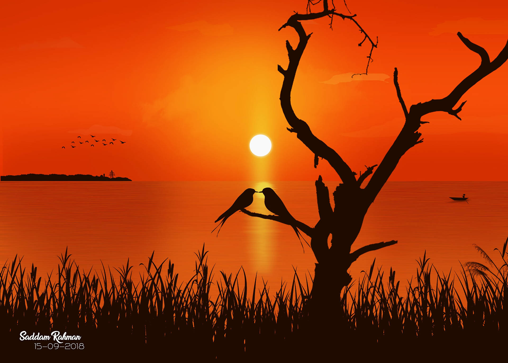 Bóng silhouette của những chú chim tình yêu đậu trên cành cây trước hoàng hôn cam và biển. Tranh tình yêu cho Ngày Tim.