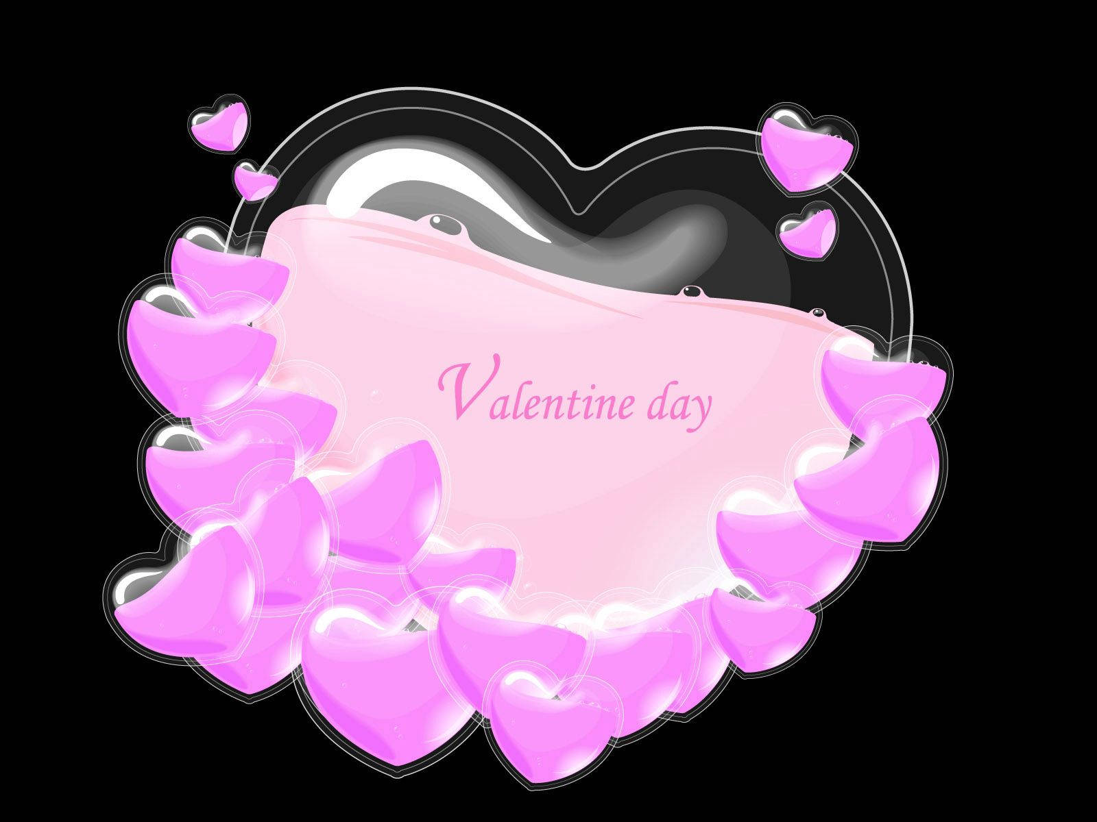 Những trái tim nhỏ và lớn chứa đầy chất lỏng màu hồng, cùng dòng chữ màu hồng 'Valentine's Day' trên nền đen.