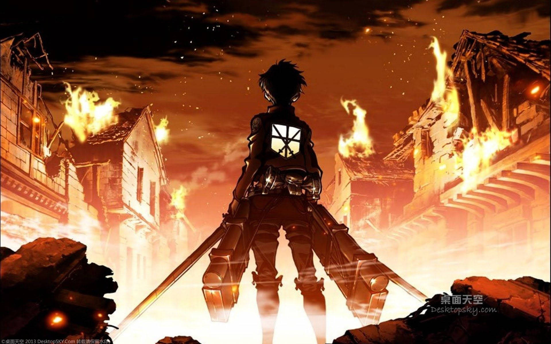 Eren đối mặt với những ngôi nhà đang cháy trong hình nền fan art Attack on Titan.