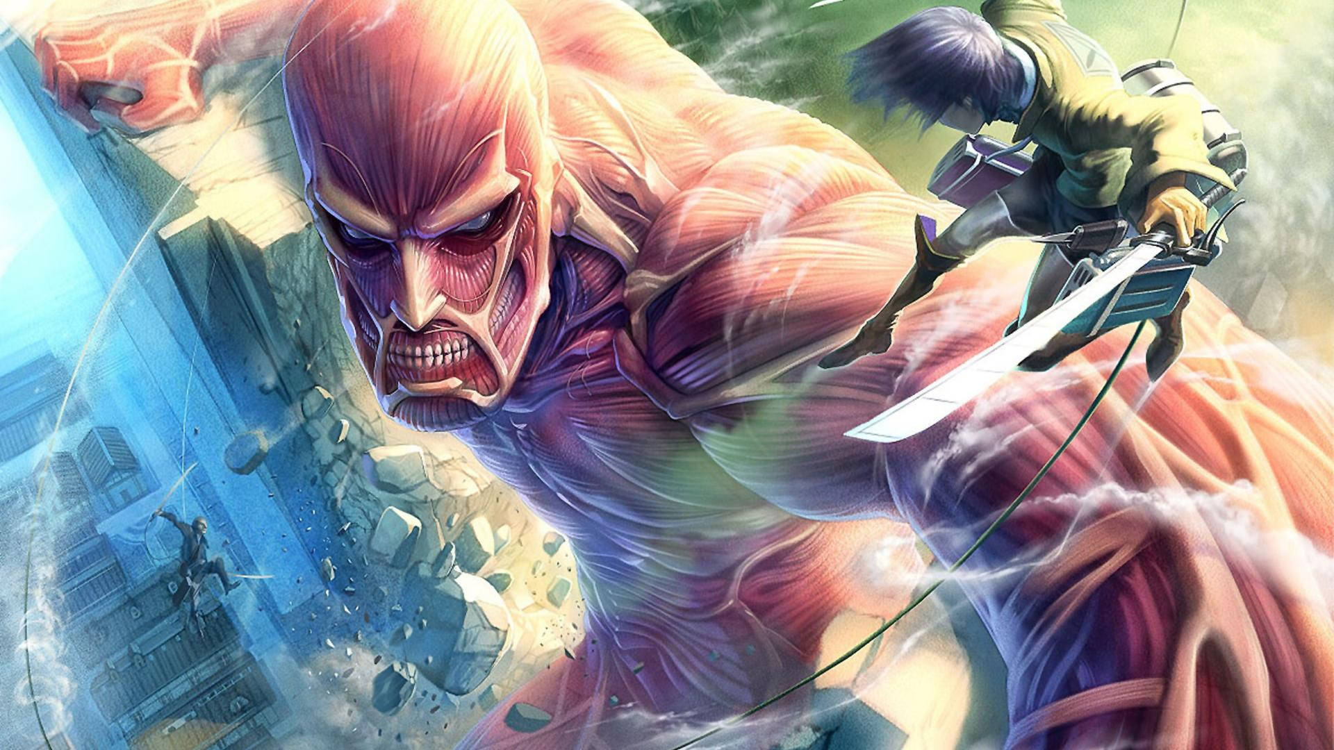 Titan Khổng Lồ giận dữ chiến đấu với Eren tại Wall Maria trong hình nền nghệ thuật fan Attack On Titan.