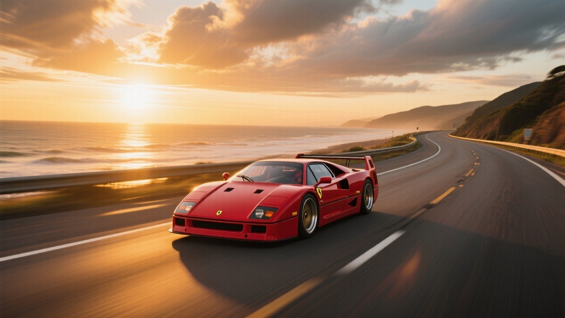 Xe Ferrari F40 màu đỏ phóng nhanh trên đường cao tốc ven biển lúc hoàng hôn