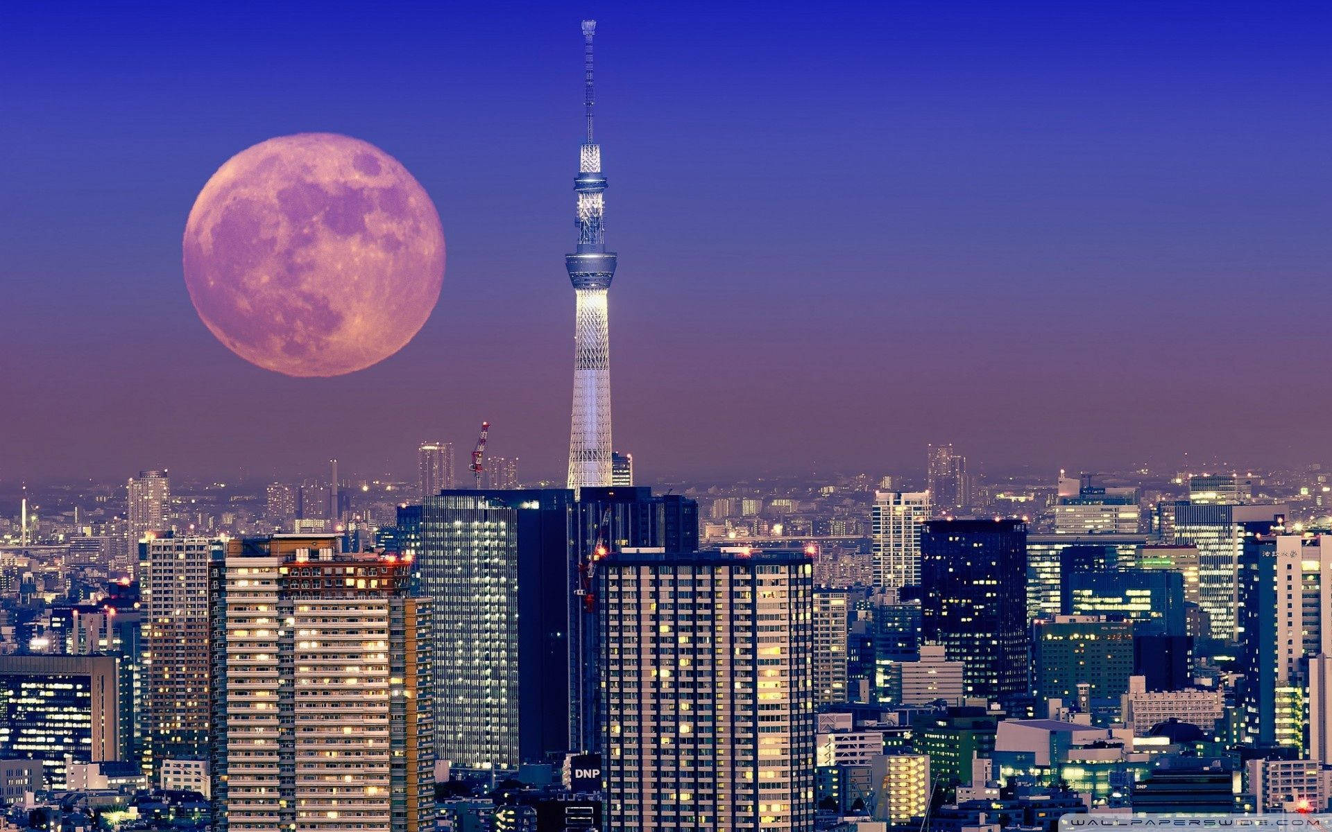 Tokyo Tower và Mặt Trăng Phong Cách Nhật Bản Cho Máy Tính Hình nền