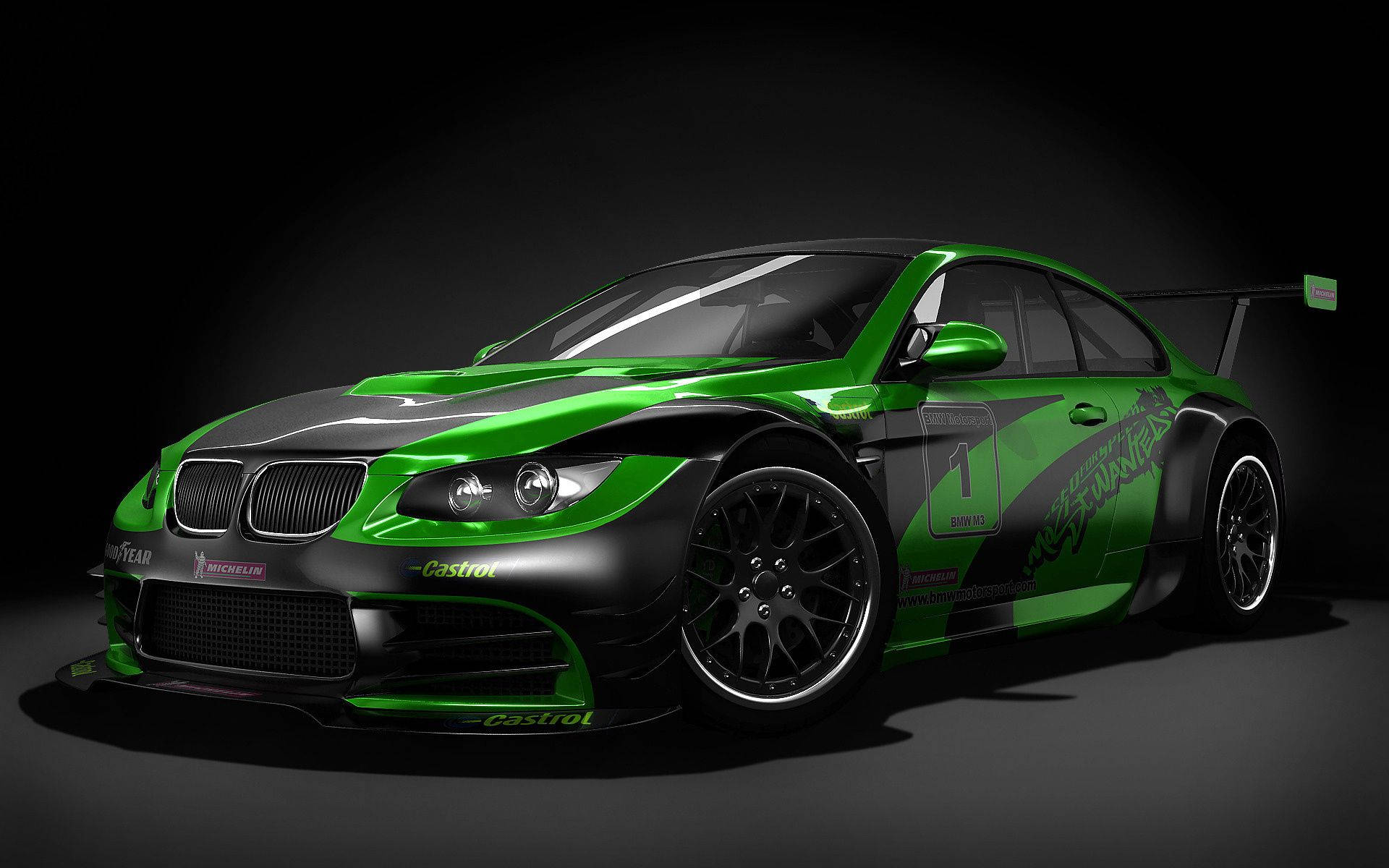 Hình nền xe thể thao BMW M3 màu xanh lá và đen trong phòng tối