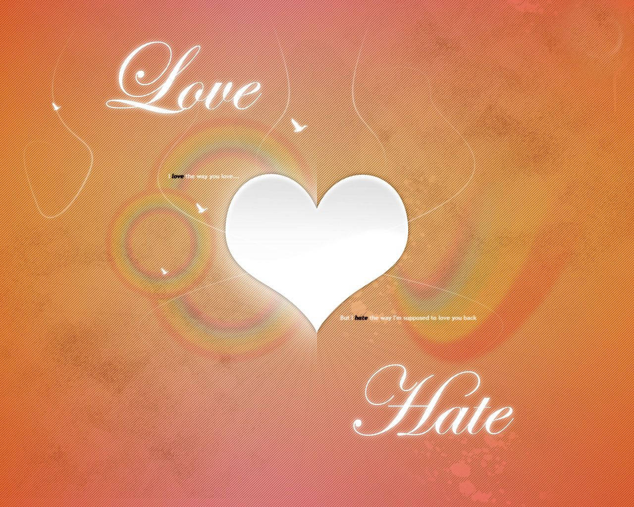 Trái tim lãng mạn màu trắng với dòng chữ "love" và "hate" trên nền cam với cầu vồng mờ.