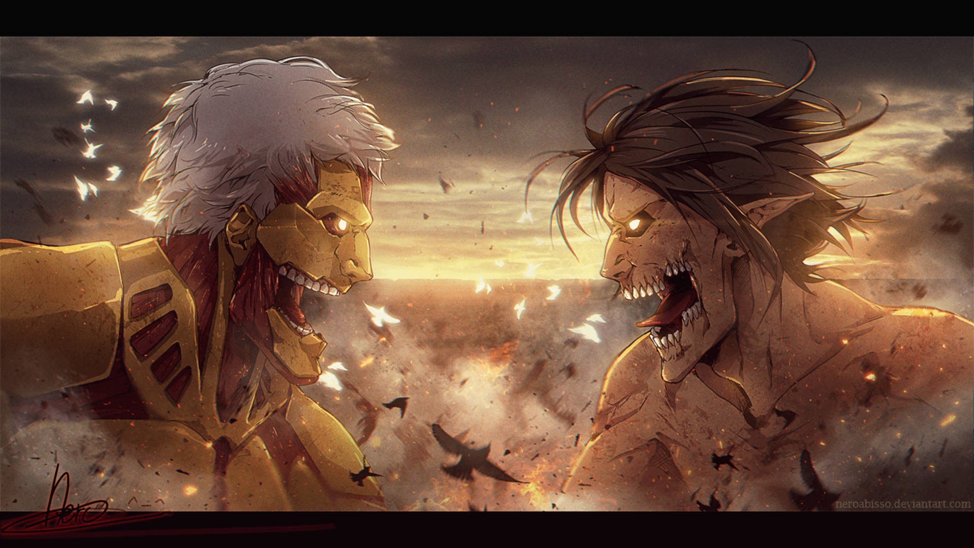 Titan Bọc Thép đối đầu Titan Tấn Công tại trận Shiganshina trong hình nền Attack On Titan.