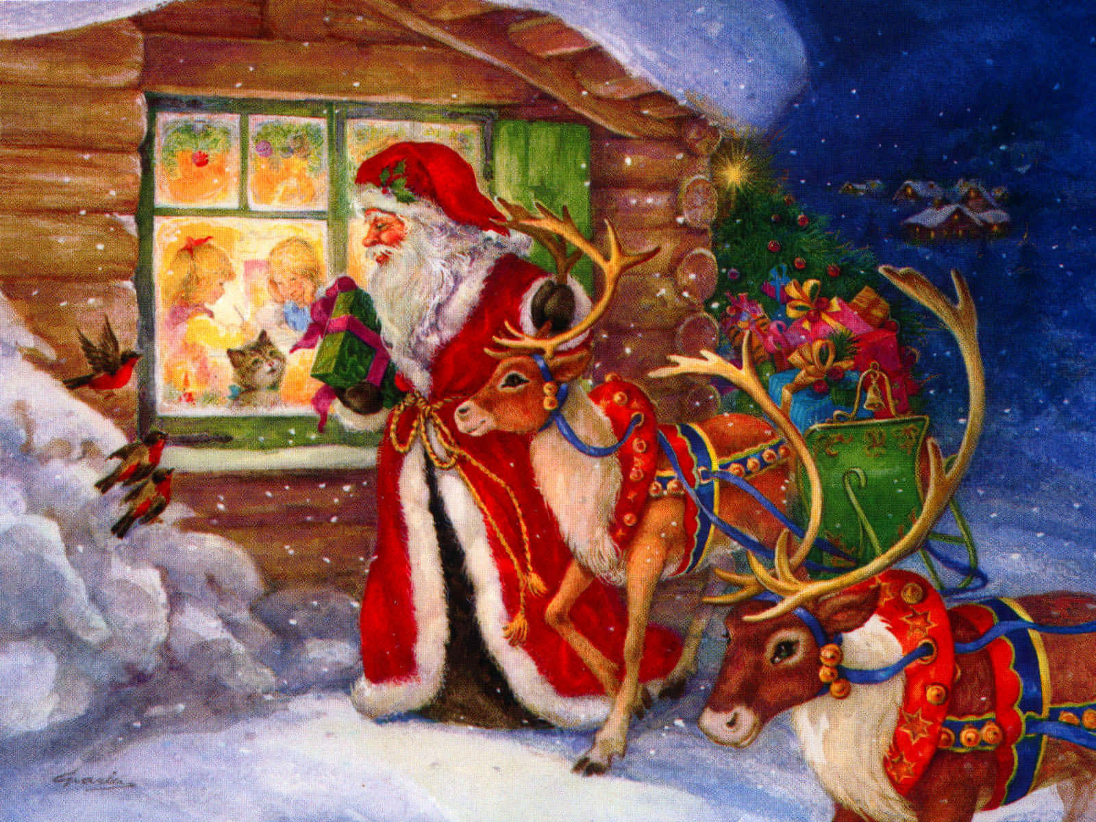 Tranh Nền Giáng Sinh Miễn Phí Với Ông Già Noel Và Những Chú Tuần Lộc Hình nền