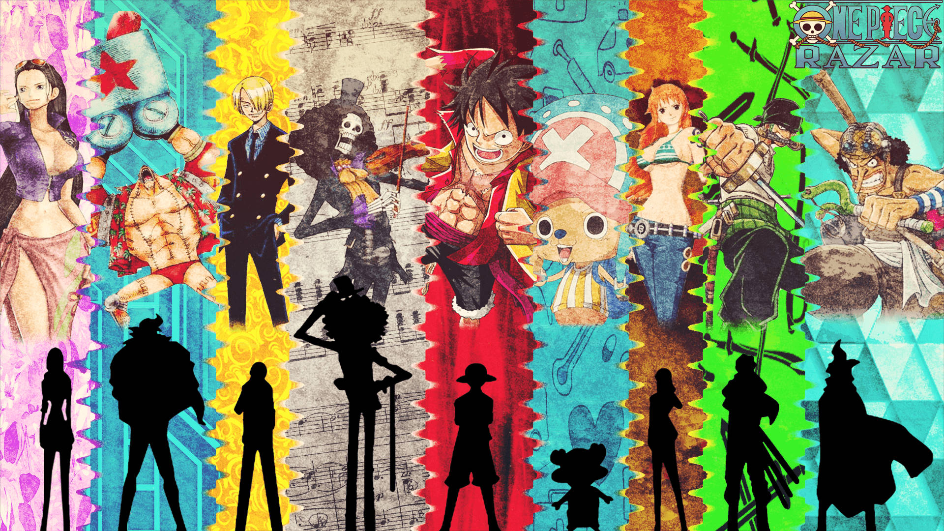 Hình nền nghệ thuật đầy màu sắc về băng hải tặc Mũ Rơm One Piece.