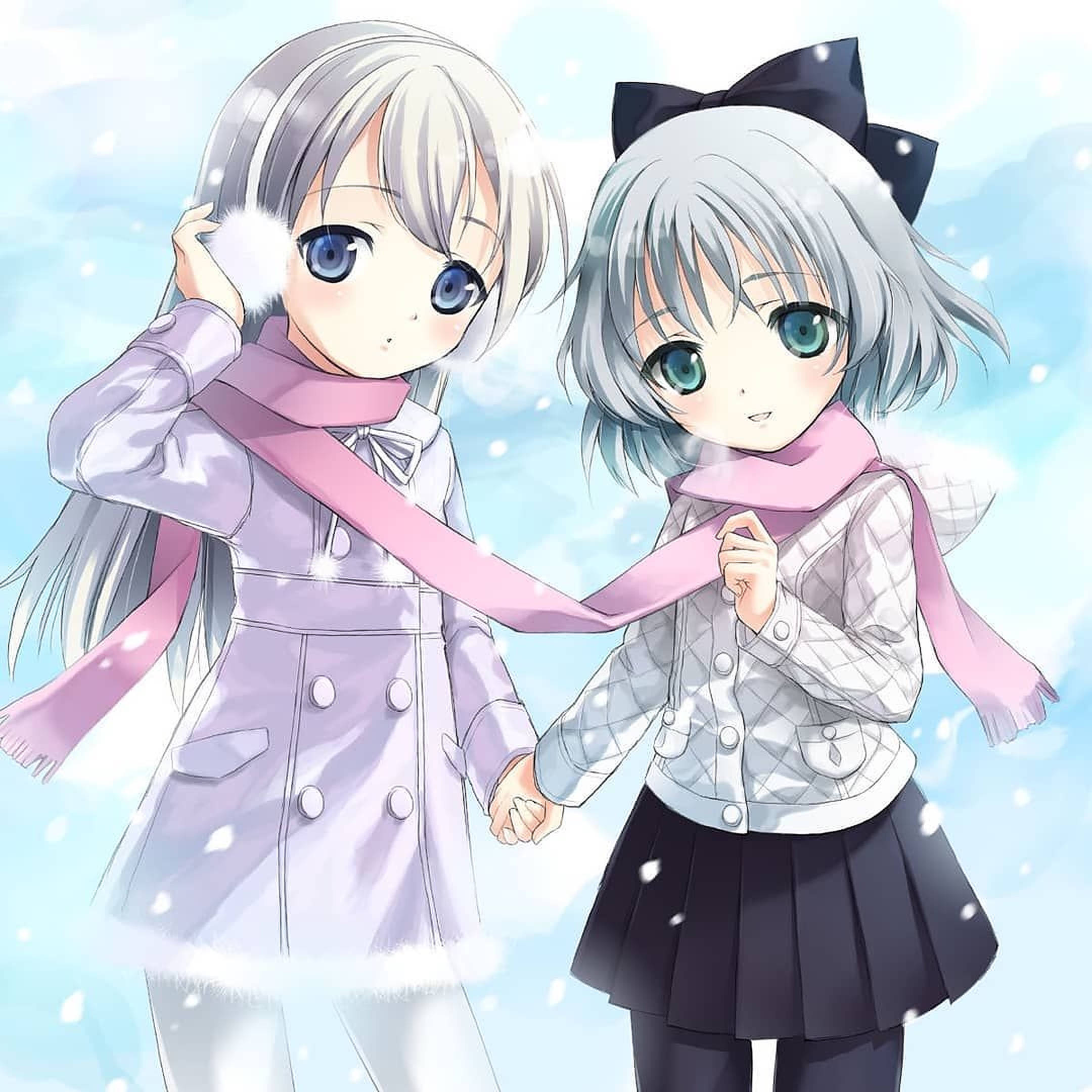 Trẻ em anime vui vẻ tận hưởng mùa đông Hình nền