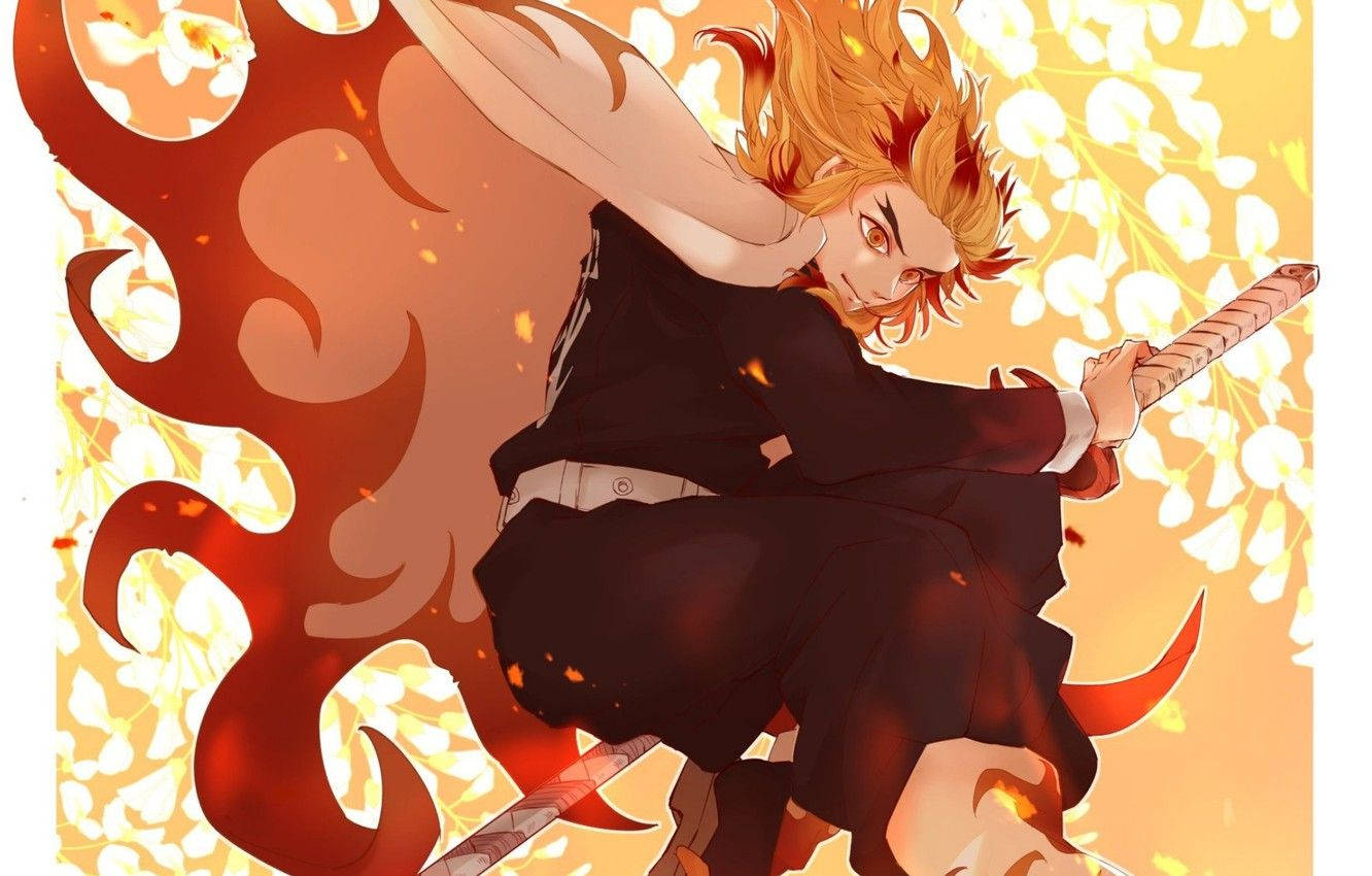 Hình nền Demon Slayer về Trụ Cột Lửa Kyojuro Rengoku tay cầm vành kiếm.