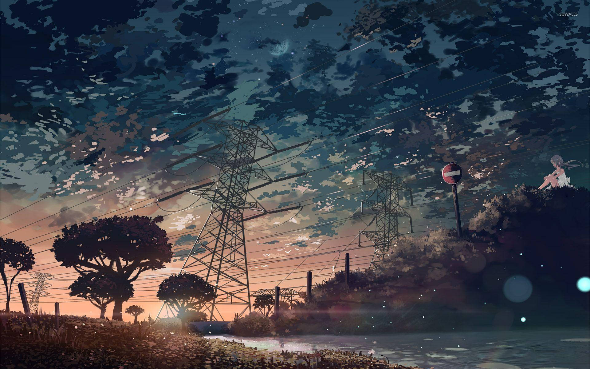 Đường dây điện Anime Aesthetic Hoàng hôn Hình nền