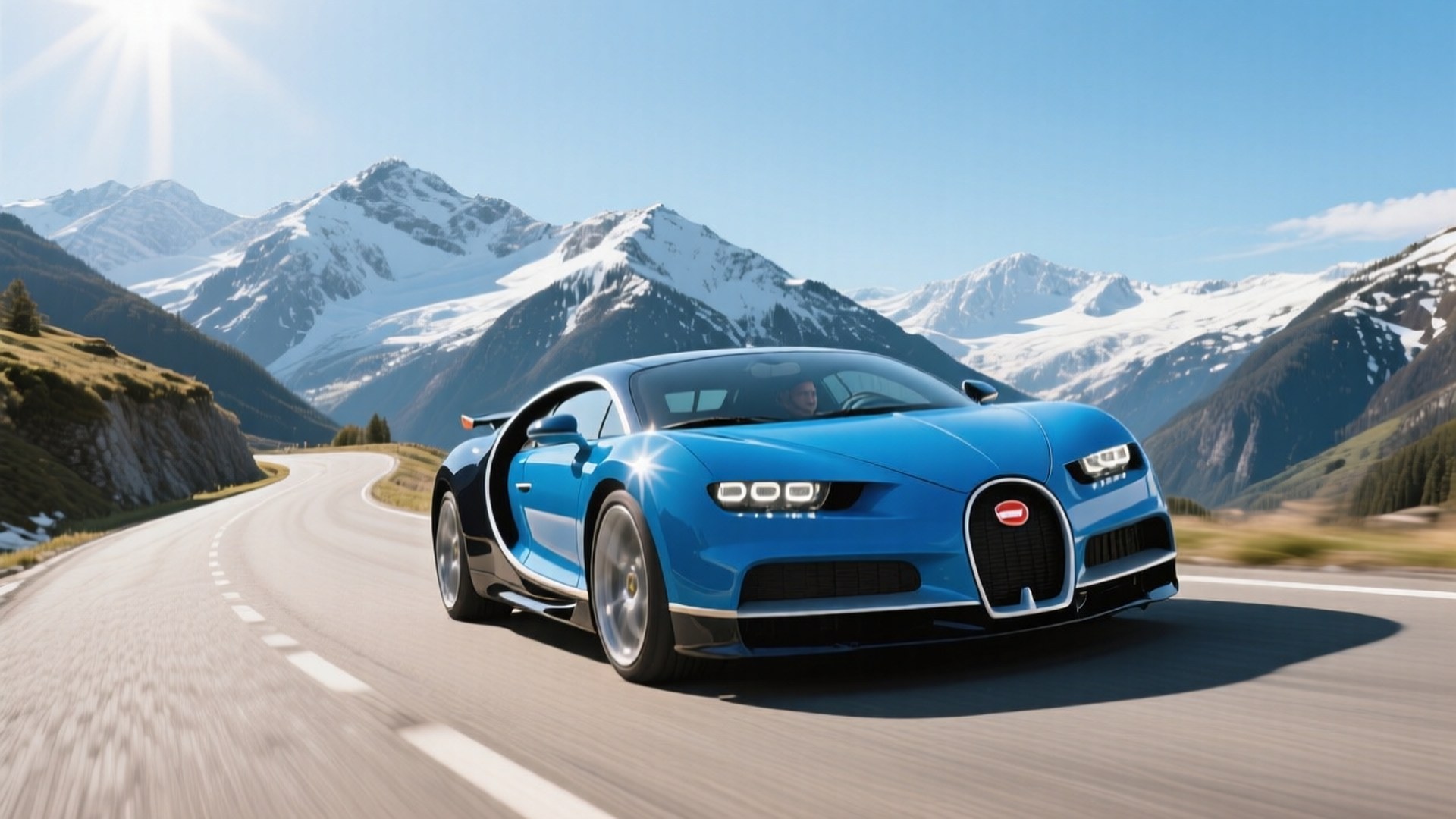 Xe Bugatti Chiron màu xanh trên con đường núi quanh co