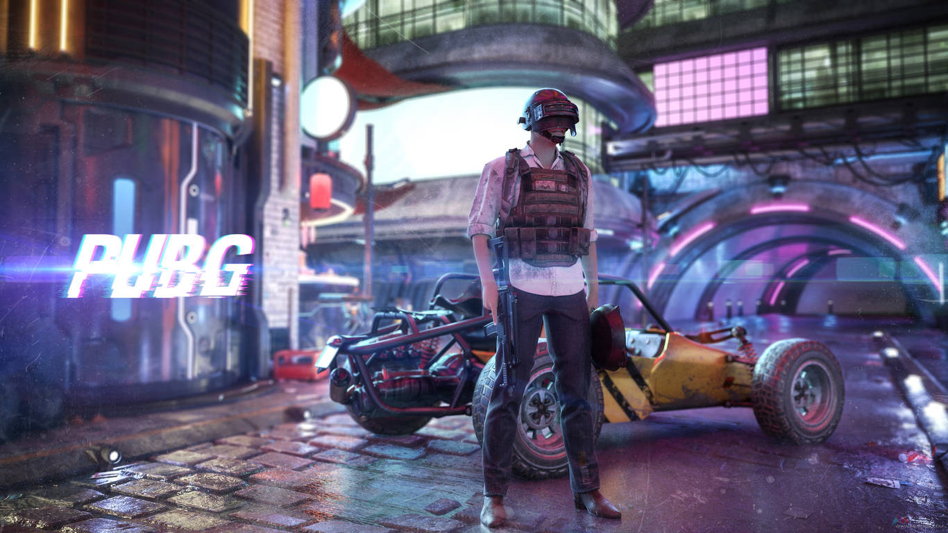 Victor trong Thành phố Neon PUBG 1366x768 Hình nền