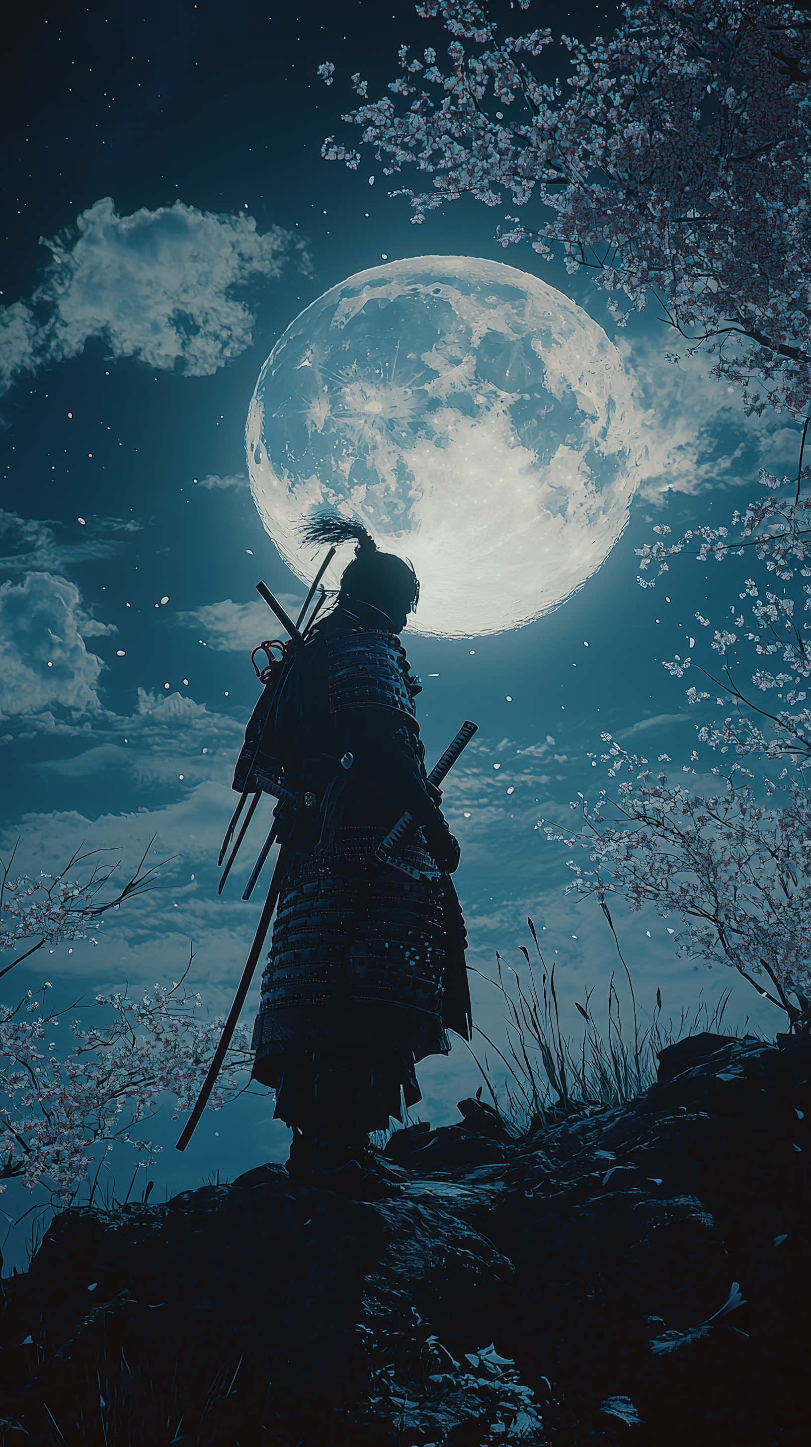 Võ sĩ samurai đứng dưới trăng tròn cùng hoa anh đào Hình nền