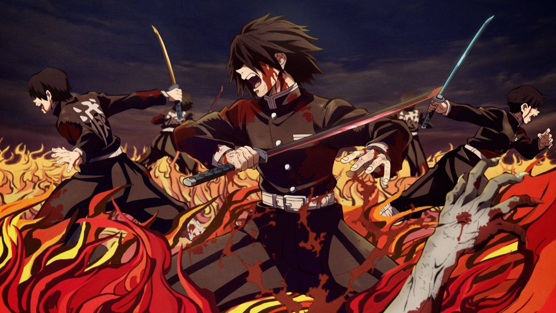 Hình nền Demon Slayer với các thợ săn quỷ chiến đấu giữa biển lửa rực cháy.