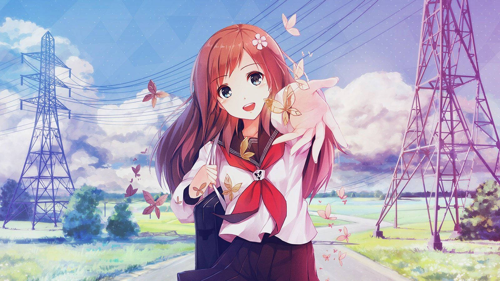 Hình nền cô gái anime mặc đồng phục học sinh đưa tay ra