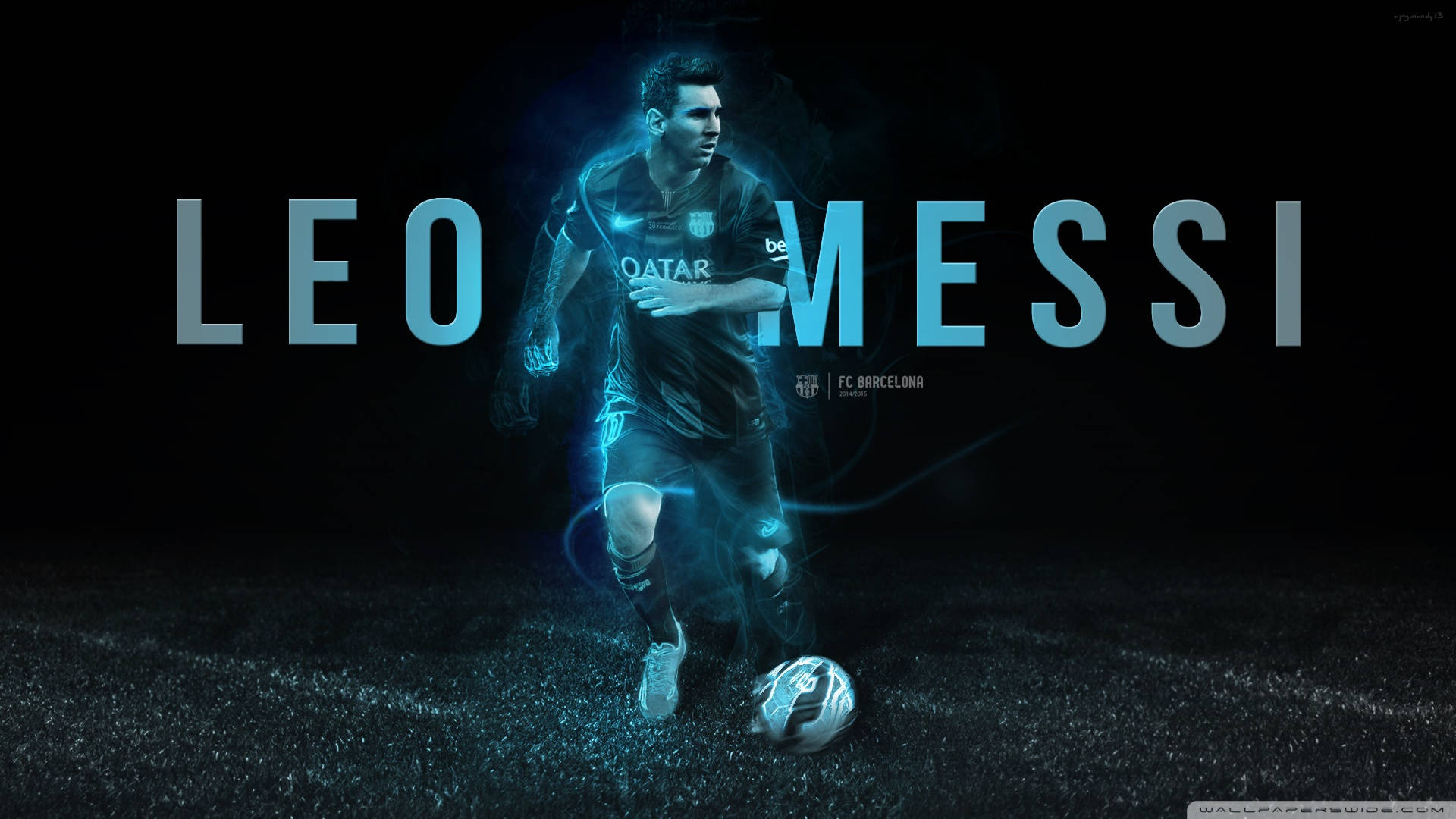 Hình nền Leo Messi trong ánh sáng xanh neon với dòng chữ tên màu xanh