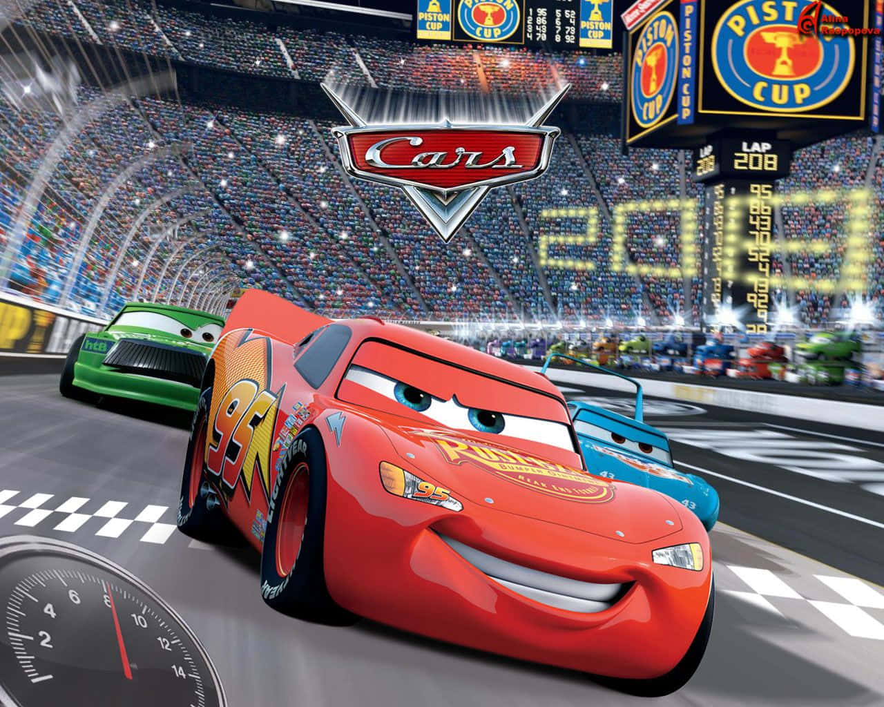 Xe Disney đua trong sân vận động Hình nền