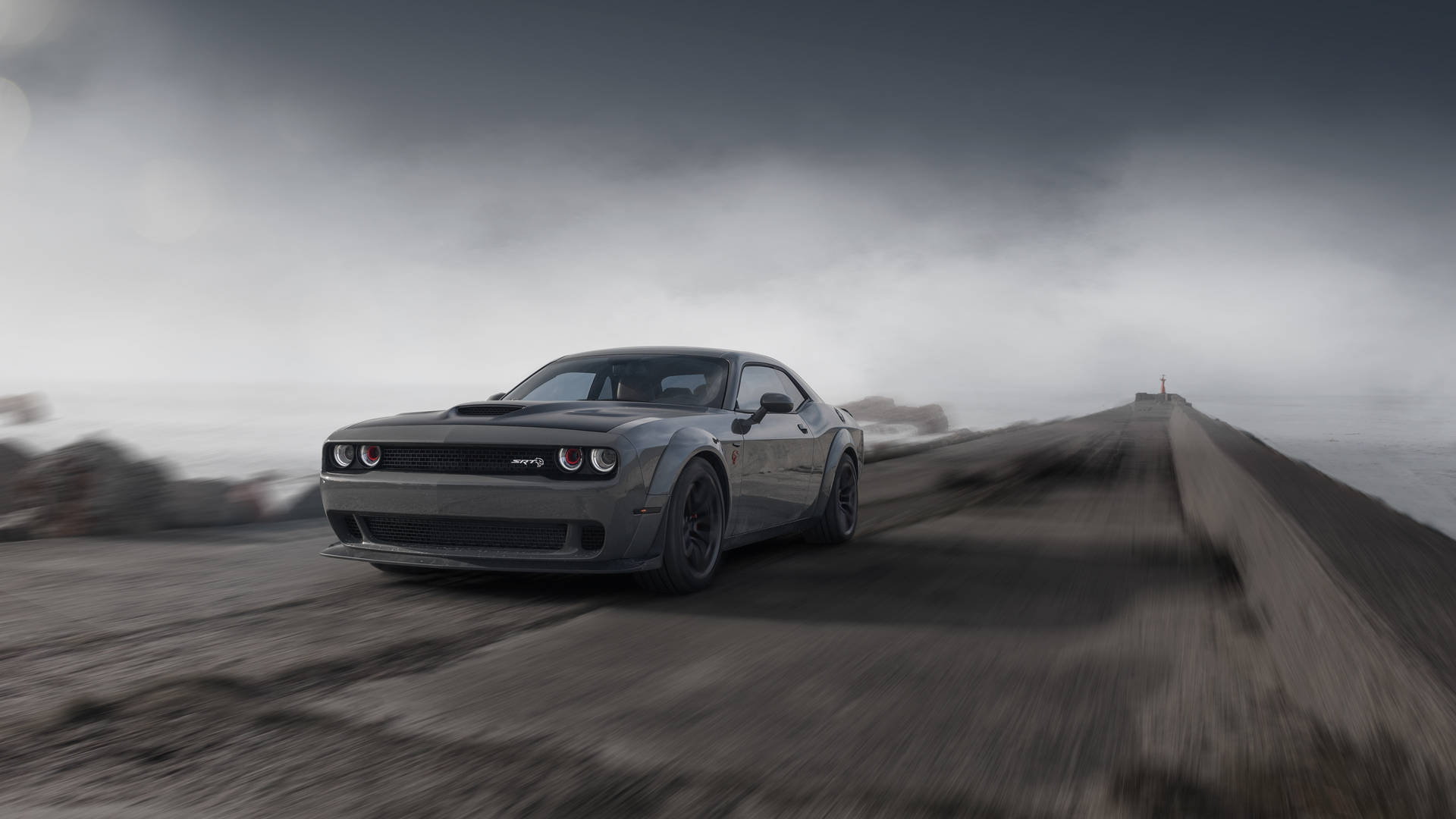 Xe Dodge Challenger Demon Màu Xám Trên Đường Khói Mờ 4K — Thanh gươm diệt quỷ 4K GIF Hình nền