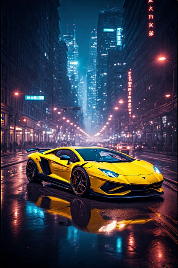 Xe Lamborghini Vàng Neon Về Đêm Phong Cách Tương Lai 4K Ánh Đèn Thành Phố Hình Nền Chân Dung Hình nền