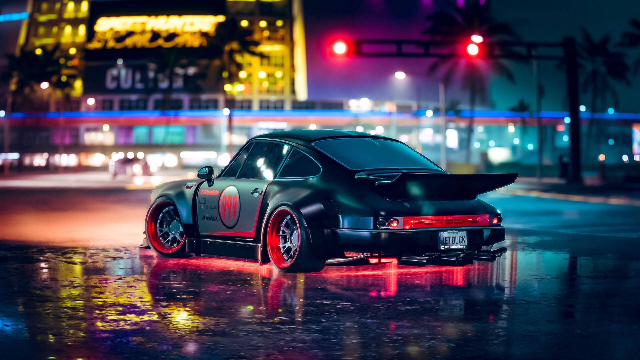 Xe Porsche Đen Trong Ánh Neon 2560x1440 Hình nền