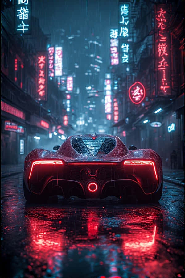 Xe siêu sang Cyberpunk trong hẻm mưa neon tương lai 4K Hình nền