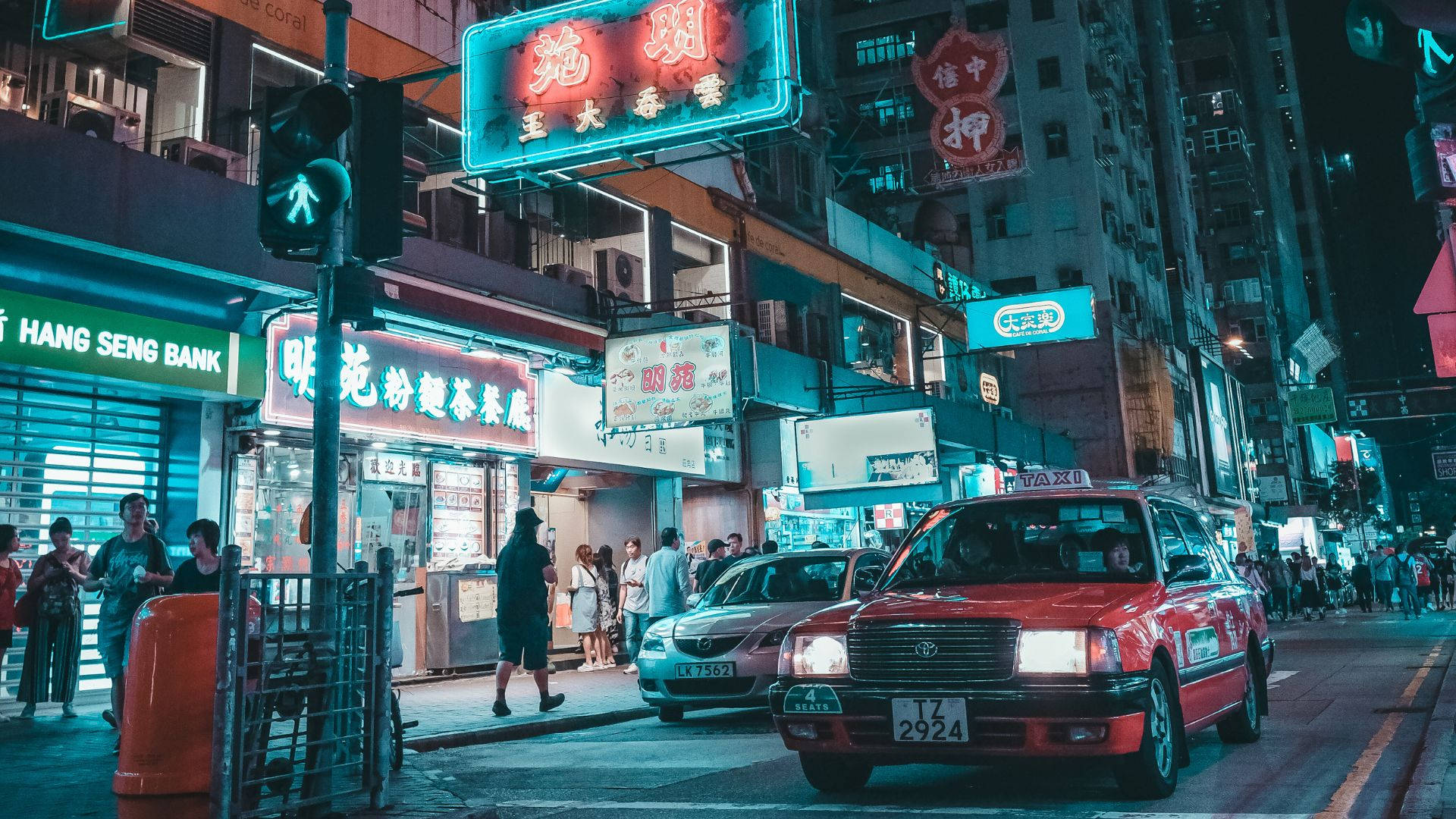 Xe taxi đỏ thẩm mỹ trong thành phố neon Hình nền