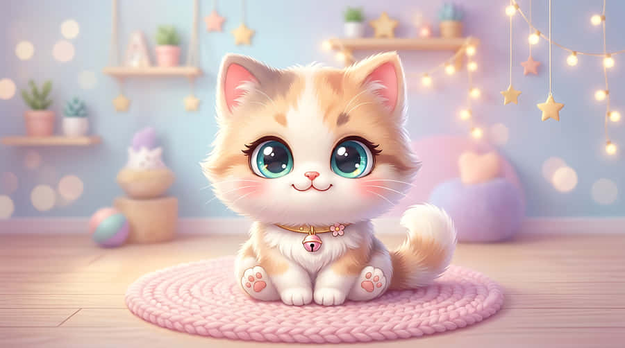 mèo con, mèo, chibi, dễ thương, minh họa, hoạt hình, pastel, thú cưng, động vật, mắt to, đáng yêu, đèn tiên, ấm cúng, phòng, nội thất, nghệ thuật số, kết xuất 3D, ngọt ngào, mềm mại