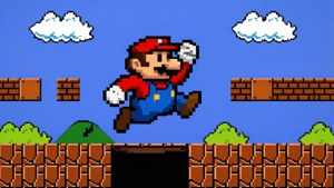Nghệ thuật pixel Mario nhảy qua hố trong màn chơi Super Mario 8-bit cổ điển, hoài cổ và đầy hoài niệm. — Mario Hình nền