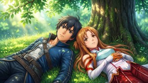 Kirito và Asuna trong Sword Art Online giữa cánh đồng — Anime couple GIF Hình nền