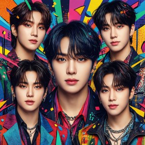 Ảnh bìa album theo phong cách nghệ thuật đại chúng sống động với một nhóm nhạc Kpop