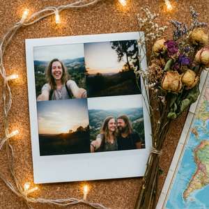 Ảnh ghép Polaroid về những chuyến du lịch với đèn dây và hoa. — Indie phong cách thẩm mỹ GIF Hình nền