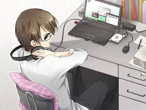 Anime chàng trai giữ tai nghe khi đang làm việc trên laptop — Anime laptop Hình nền