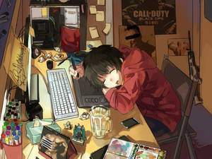 Anime chàng trai ngủ gục trên bàn di chuột laptop — Anime laptop Hình nền
