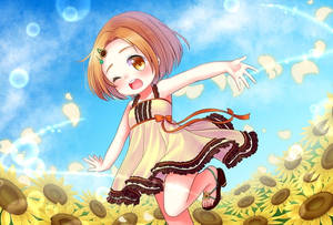 Hình nền anime cô bé trong cánh đồng hoa hướng dương